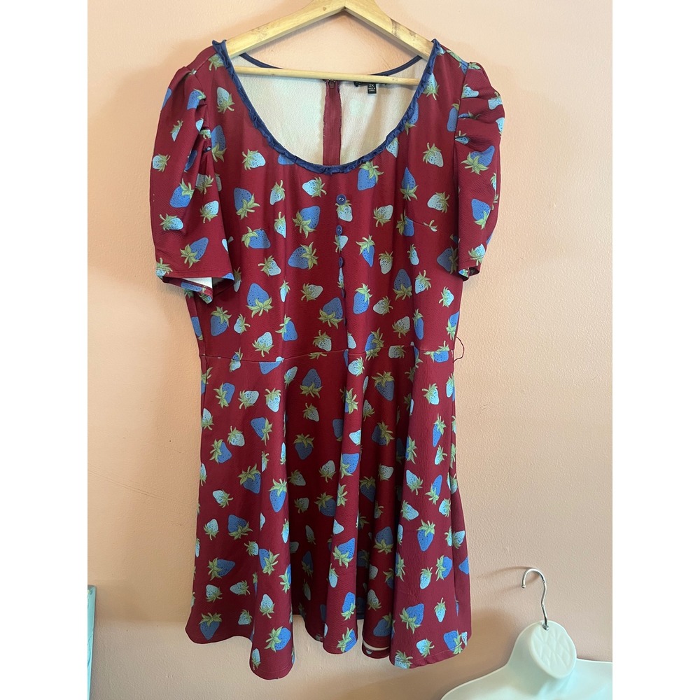 Smak Parlour burgundy blue strawberry dress 2X mini fit and flare retro twee